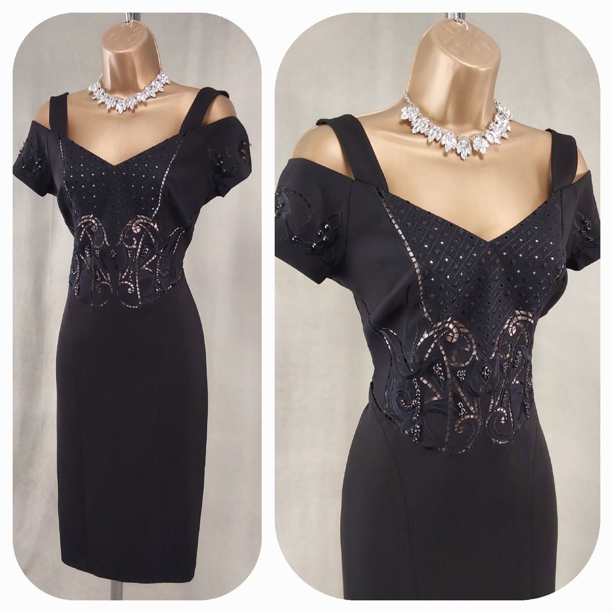 🌸 KAREN MILLEN 🌸~ UK 10 Black Cold Shoulder Bardot Pencil Party