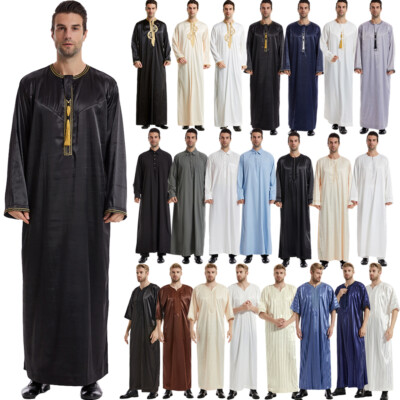 Saudi Arab Muslim Men Thobe Kaftan Jubba Thoub Dishdasha Robe Abaya Islamic Robe