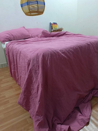 Housse de couette lavée lin couleur lilas 3 pièces couette naturelle avec boutons noix de coco - Photo 4 sur 8