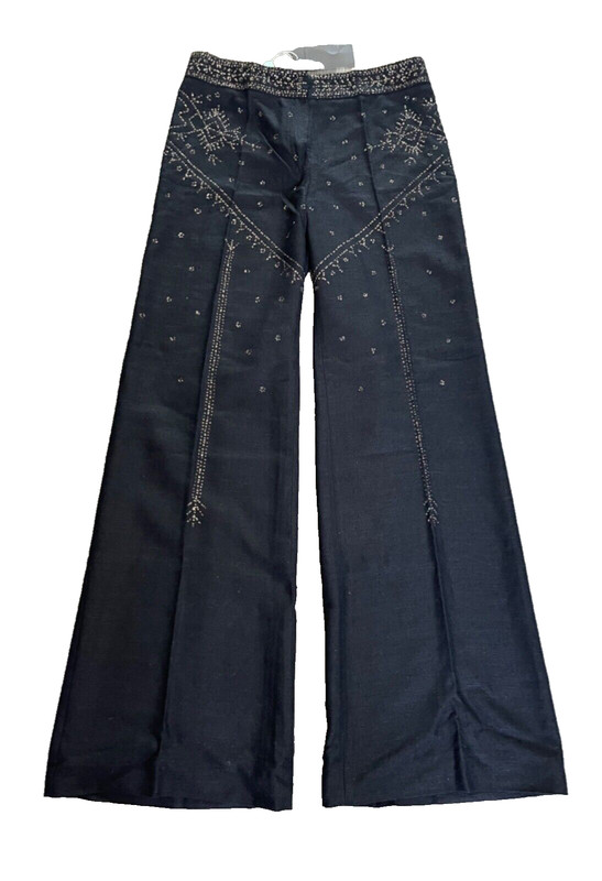 Alberta Ferretti Runway Beaded Raw Silk Flared Trousers Black NWT Italy