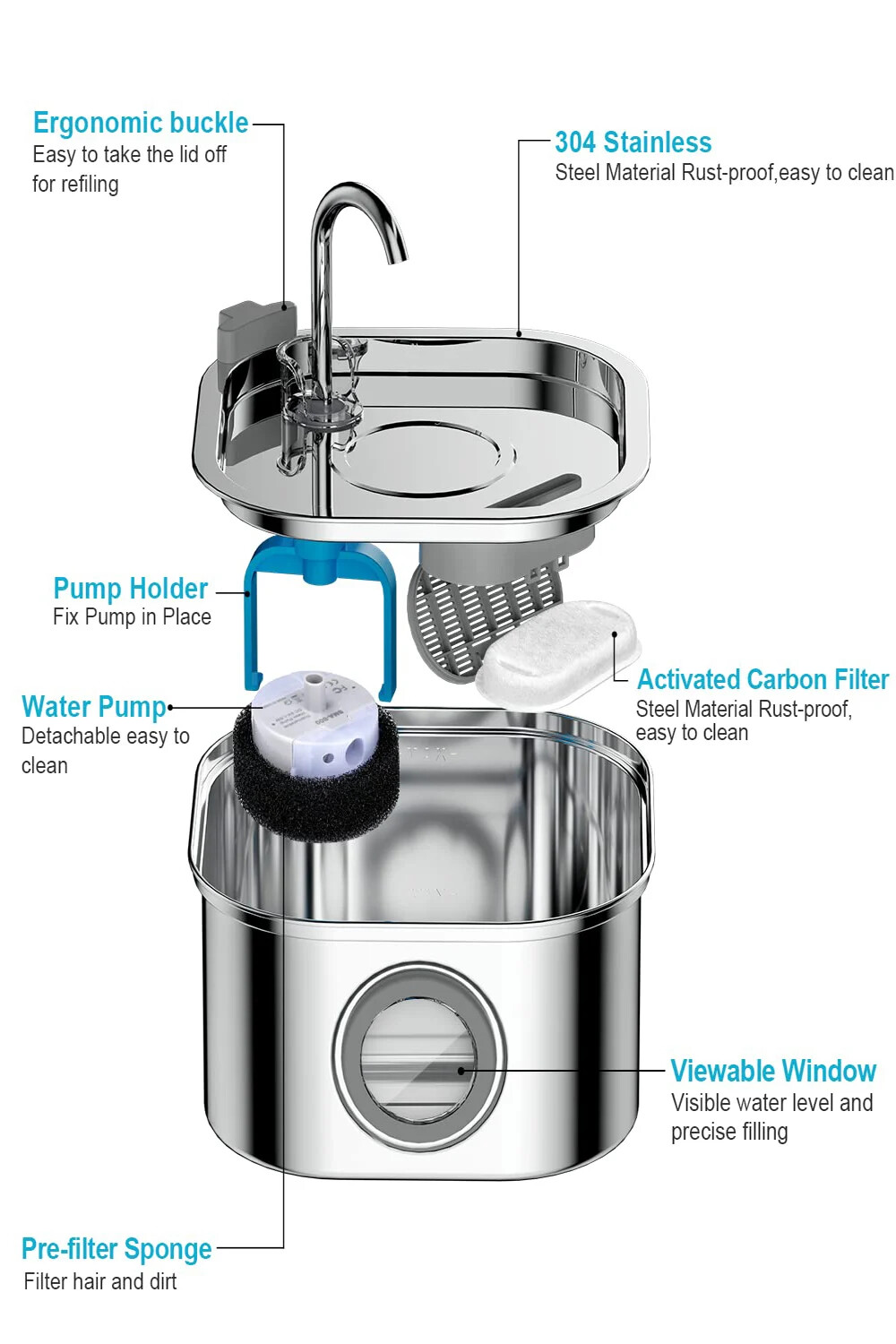 Fontana Acqua Gatti Acciaio Inox 3L Distributore Automatico Acqua Animali Domestici Accessori foto 4