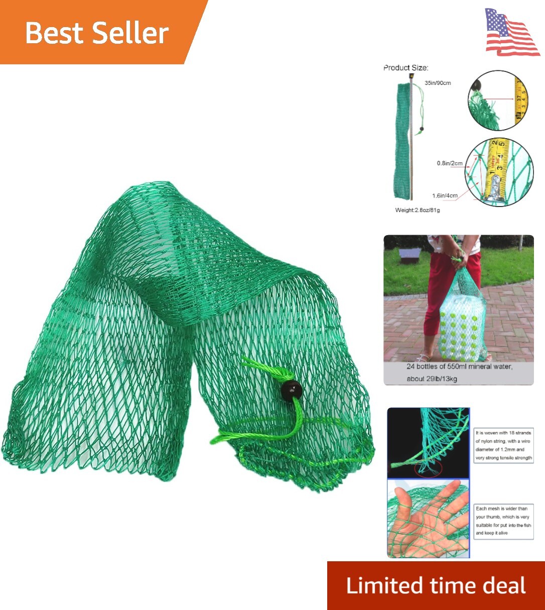 HeavyDuty Fishing Net Bag Durable Nylon 4/5 Inch Mesh 35 Inch