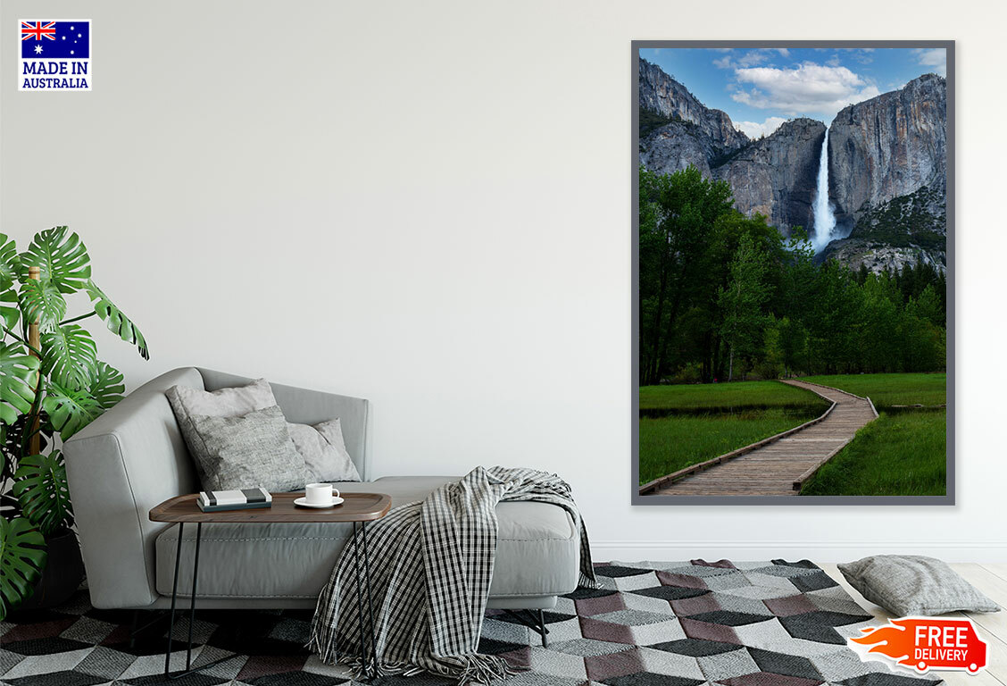 (Laminated) Wooden Path Leading to Waterfall 91x61cm