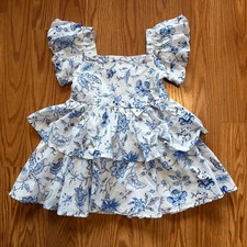 Janie and Jack Blue White Floral Tiered Bubble Sleeve Dress Size 3 Easter Spring