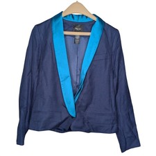 Smythe Les Vestes Navy Blue Teal Satin Shawl Collar Cropped Blazer 6 Canadian