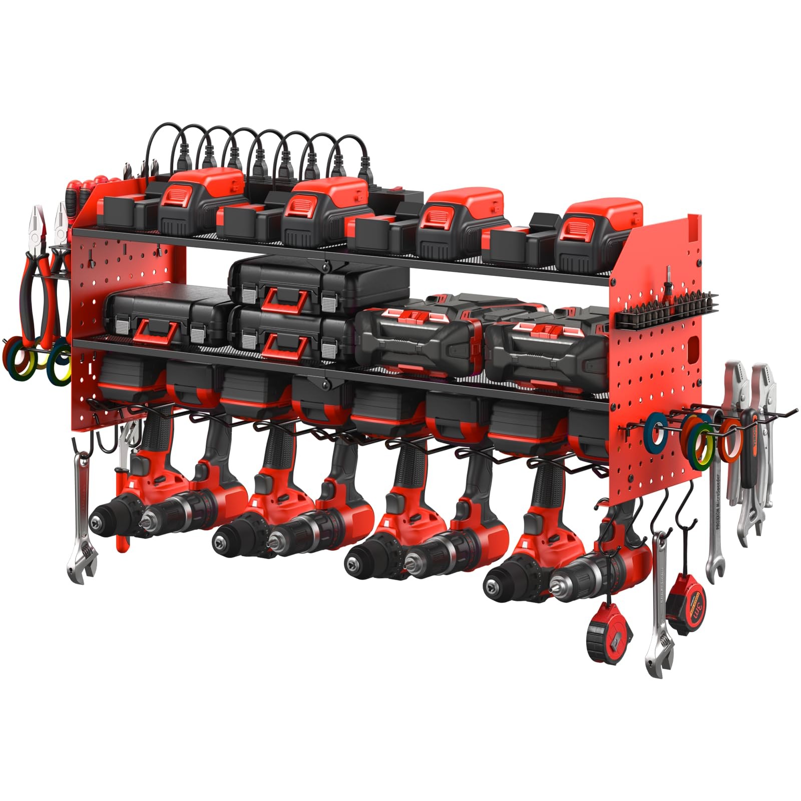 Large Pegboard Power Tool Organizer with Charging Station, 8 Drills Driver an...