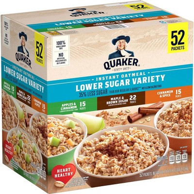 Quaker Lower Sugar Instant Oatmeal, Variety Pack - 52 pk.