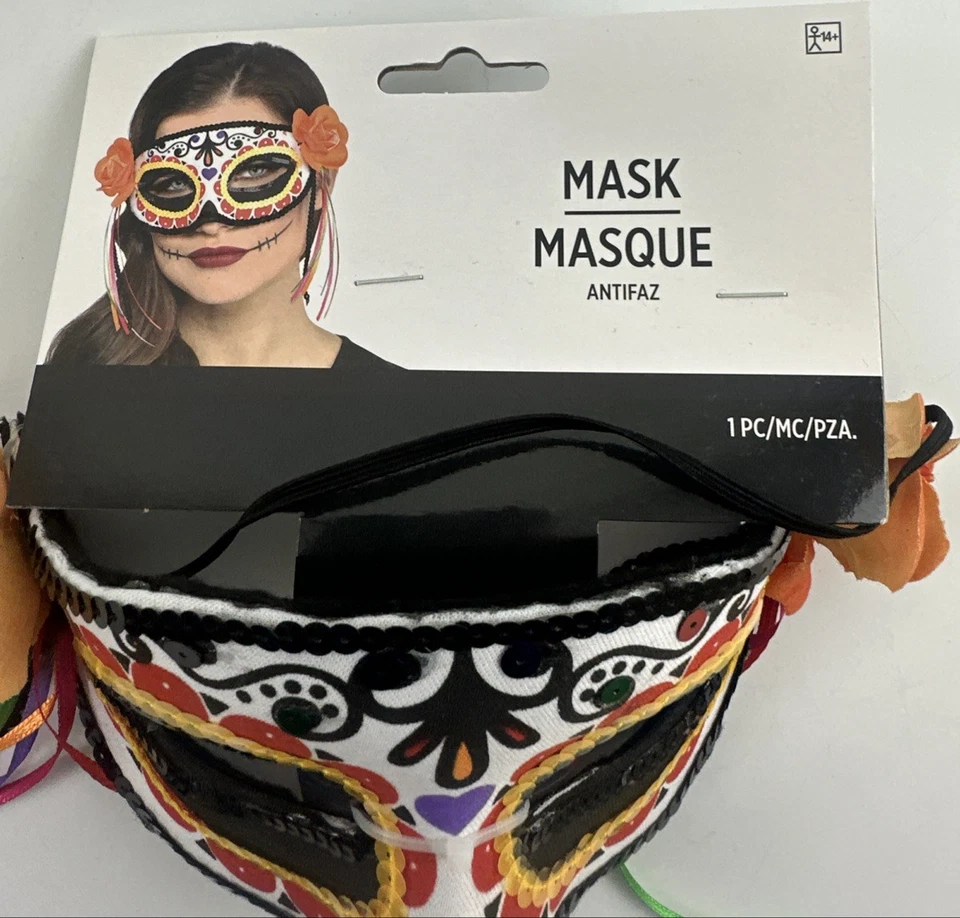 Fiesta De La Muerte Mask Colorful Sequins Elastic Costume New Day of the Dead - Image 2 of 4
