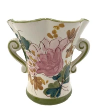 Vtg. Hand-Painted Floral Ceramic Vase with Scrolled Handles, Portugal, for FTD