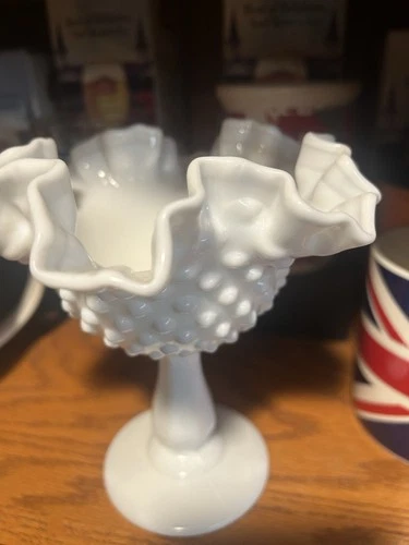 Vintage Candy Dish Hobnail Ruffle Top Pedestal Unbranded Milk Glass