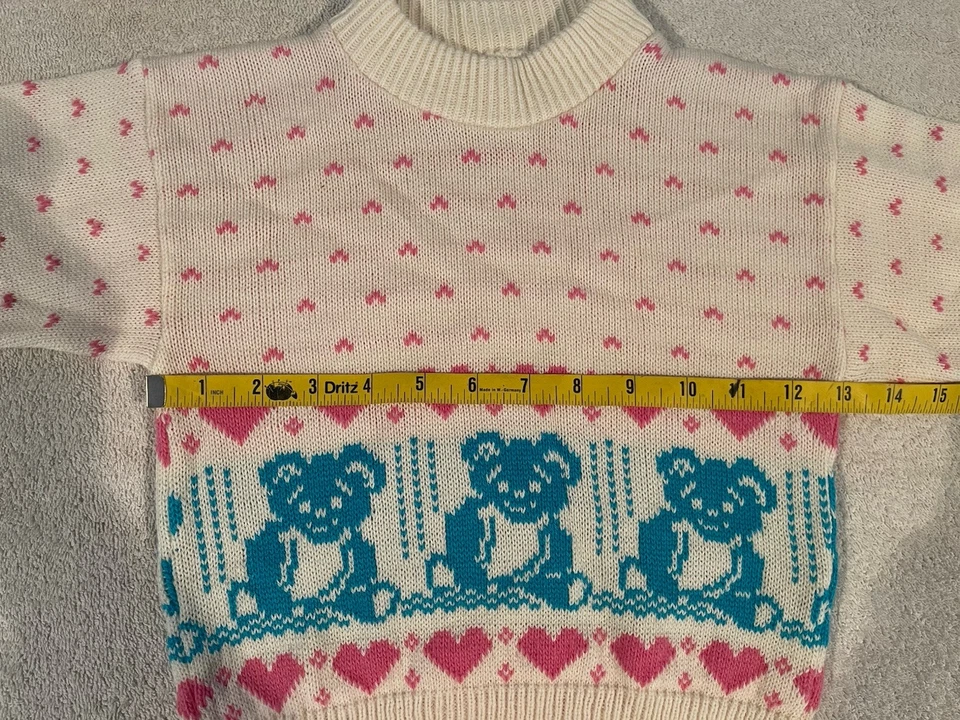 Suéter tejido corazón oso de peluche vintage para niños pequeños color rosa crema azul estilo retro años 80  Foto 4 de 4