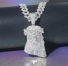 Big 68g Jesus Crown Iced Out Pendant 20” Thick Cuban Chain Rapper Silver Tone