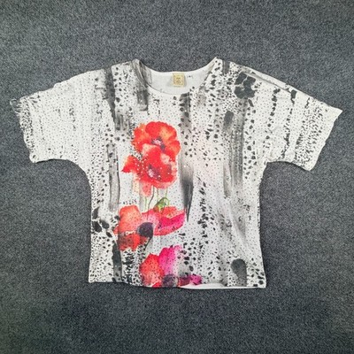 Jess & Jane Tunic Top Womens Small White Sequin Detail Floral Graphic Stretch