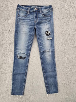 American Eagle Jegging Jeans Women 4 Distressed Patch Embroidered Super Stretch