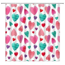 Valentines Shower Curtain Red Pink Teal Striped Dots Modern Fabric 70x70 Inch