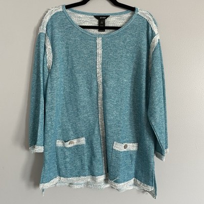 Ali Miles Large Blue Fuzzy Cozy Wearable Art to Wear Unique Blouse Top Eclectic