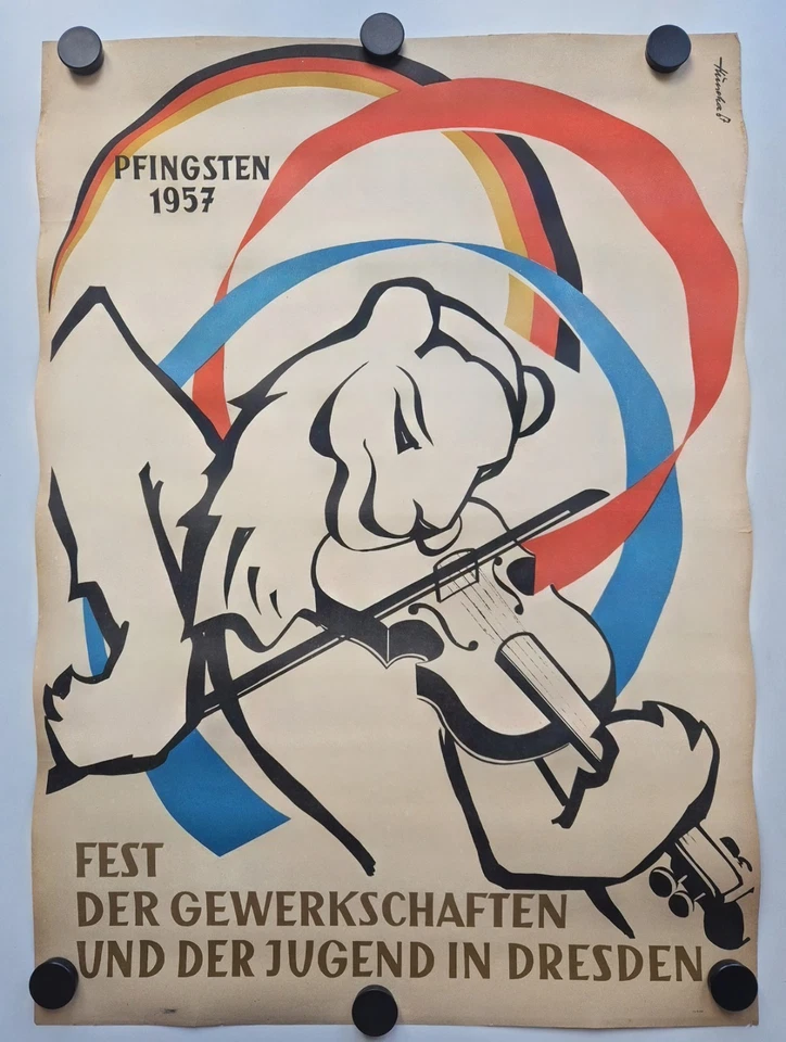 Plakat Pfingsten Dresden Löwe Fest Geige Huncha FDJ 1957 Original DDR A1 - Bild 1 von 4