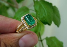 Anillo de diamantes esmeralda de Zambia de 14 k de oro macizo de 14 k anillo de oro esmeralda natural de Zambia