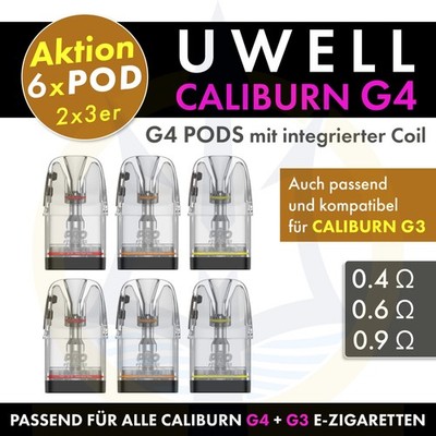 6x UWELL Caliburn G4 Pod (2x3) Ersatz Pods / G3 kompatibel / 0,4 0,6 0,9 Ohm 3ml