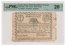 ITALIAN STATES (REPUBBLICA ROMANA) banknote 7 Paoli 1798 PMG VF 20 Very Fine