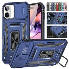 For iPhone 16 15 14 13 12 11 Pro Max Shockproof Ring Stand Case Slide Lens Cover