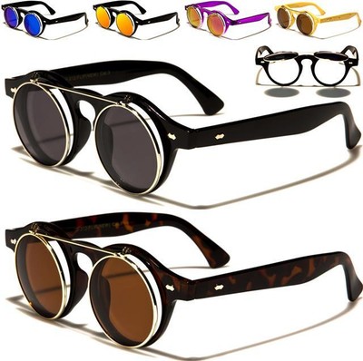 DESIGNER KLAPPSONNENBRILLE DAMEN HERREN RUND HOLZ SCHWARZ STEAMPUNK RETRO UV400