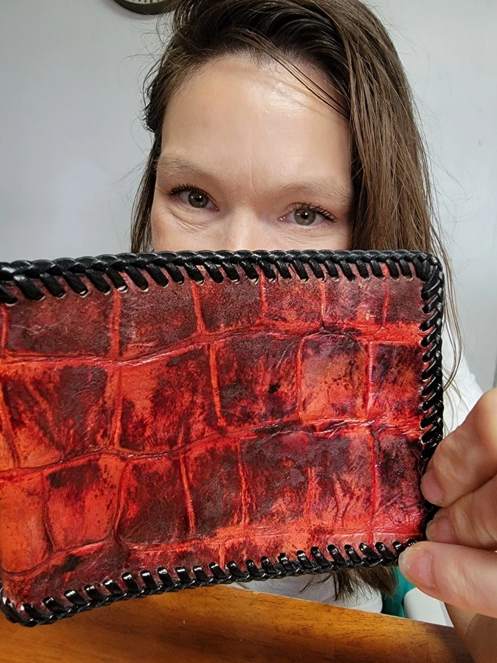 Genuine Alligator/Crocodile Red/Black Bifold Wallet New Handmade gator wallet - Image 3 of 4