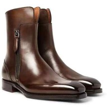 Customized ALL BLACK Leather Ankle Zipper Boots For Men's, Ankle Dress Boots