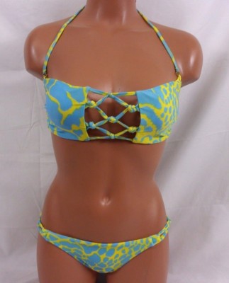 Sauvage Giraffe Print Bandeau Top Bikini Yellow/Blue X-Small/Small 1465L