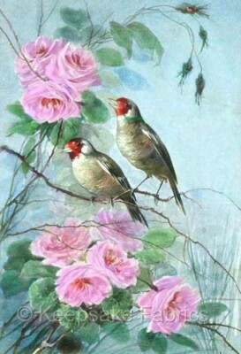 Vintage Birds Pink Roses Cotton Crazy Quilt Block Multi Sizes