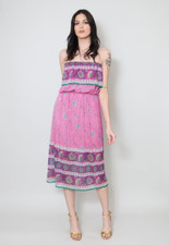 70's Vintage Slinky Sheer Pink Multi Coloured Ladies Bandeau Strapless Dress