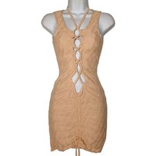 PRETTYLITTLETHING Tan Brown Lace Up Sleeveless Texture Bodycon Mini Dress 2 NWT