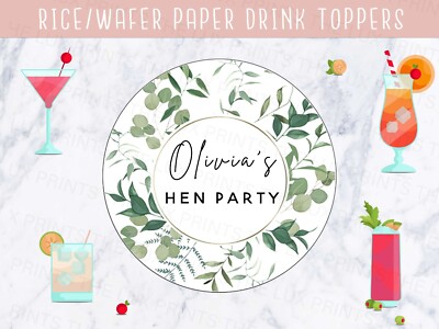 Personalisierte Junggesellinnenabschied Eukalyptus Getränk Cocktail Topper essbar Waffel Reis UK