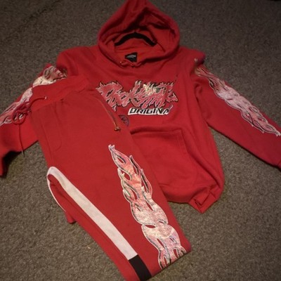 Rockstar Original Men's Red Tracksuit Set Hoodie Pants Flame Graphic XL