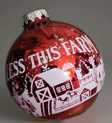 Bronners Vintage Bless This FARM Red Glass Christmas Tree Ornament 3½'' Austria 