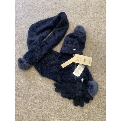 Mayoral Kids 6-9 3 in 1 Set Blue Fuzzy Pompom Hat Scarf Mitten New
