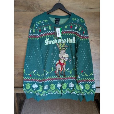 Dreamworks Shrek The Halls Donkey Holiday Sweater Mens 2X Green Long Sleeve NWT