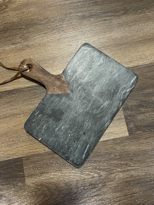 Handmade Gray Marbled Rectangular Serving Board, Small Wood Handle, Modern