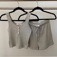SALE - Grey Ribbed Cozy Lounge Pajama 2 Piece Set, Tank Top Shorts Size S