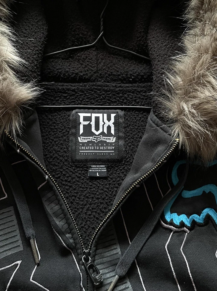 Винтажная толстовка с капюшоном Y2K Fox Racing из меха на молнии If Six Was Nine стиль LGB размер L выцветшая - Изображение 3 из 4