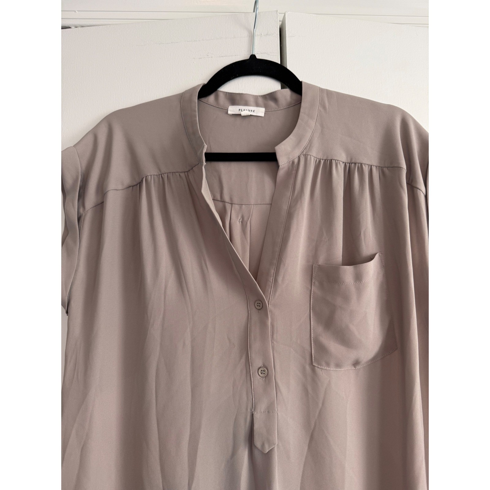 PLEIONE Taupe Solid Collared V-Neck Button Front … - image 2