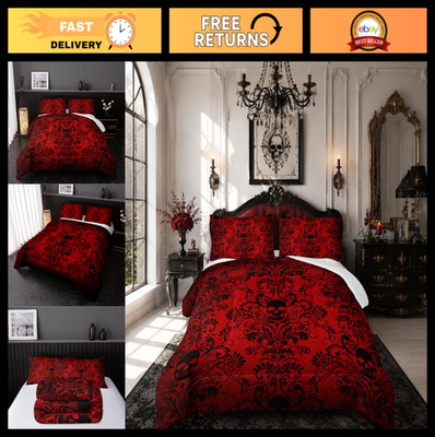 Gothic Red Comforter Set Full Size - Vintage Damask Floral Bedding 3PC, Bohemian