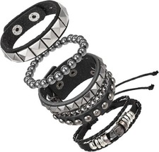 4 Pcs Punk Rock Bracelet Studded Emo Retro Bracelet Set Spiked Leather Cuff R...