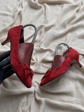 Vintage Women's Red Suede Bow Pumps Kitten Heel Pointed Toe Dress Shoes Y2K