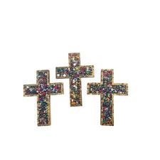 Set of 3 Jeweled Mosaic Cross Wall Art Gold Trim, Multicolor