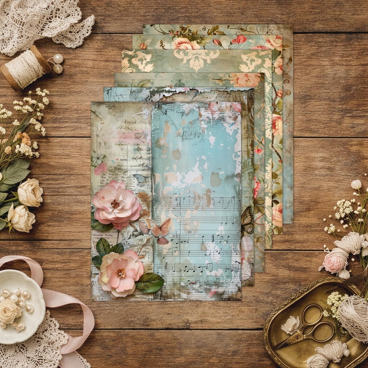 Blue Shabby Chic Scrapbook Papers Set of 6 | Journal Pages Digital
