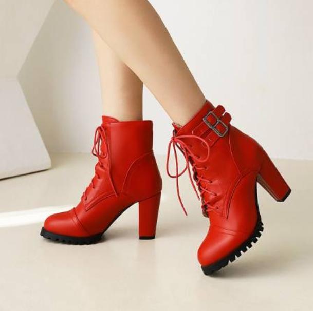 Women's Chunky Heel Shoes Ankle Boots Lace Up Round Toe High Heel