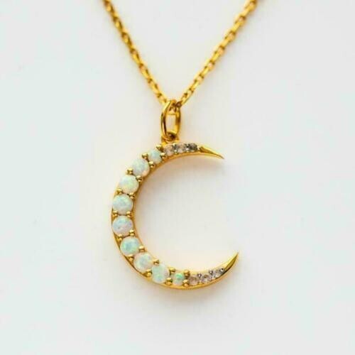 Rundschliff simulierter Feueropal Mond Anhänger mit Kette in 14k Gelbgold vergoldet - Bild 3 von 4