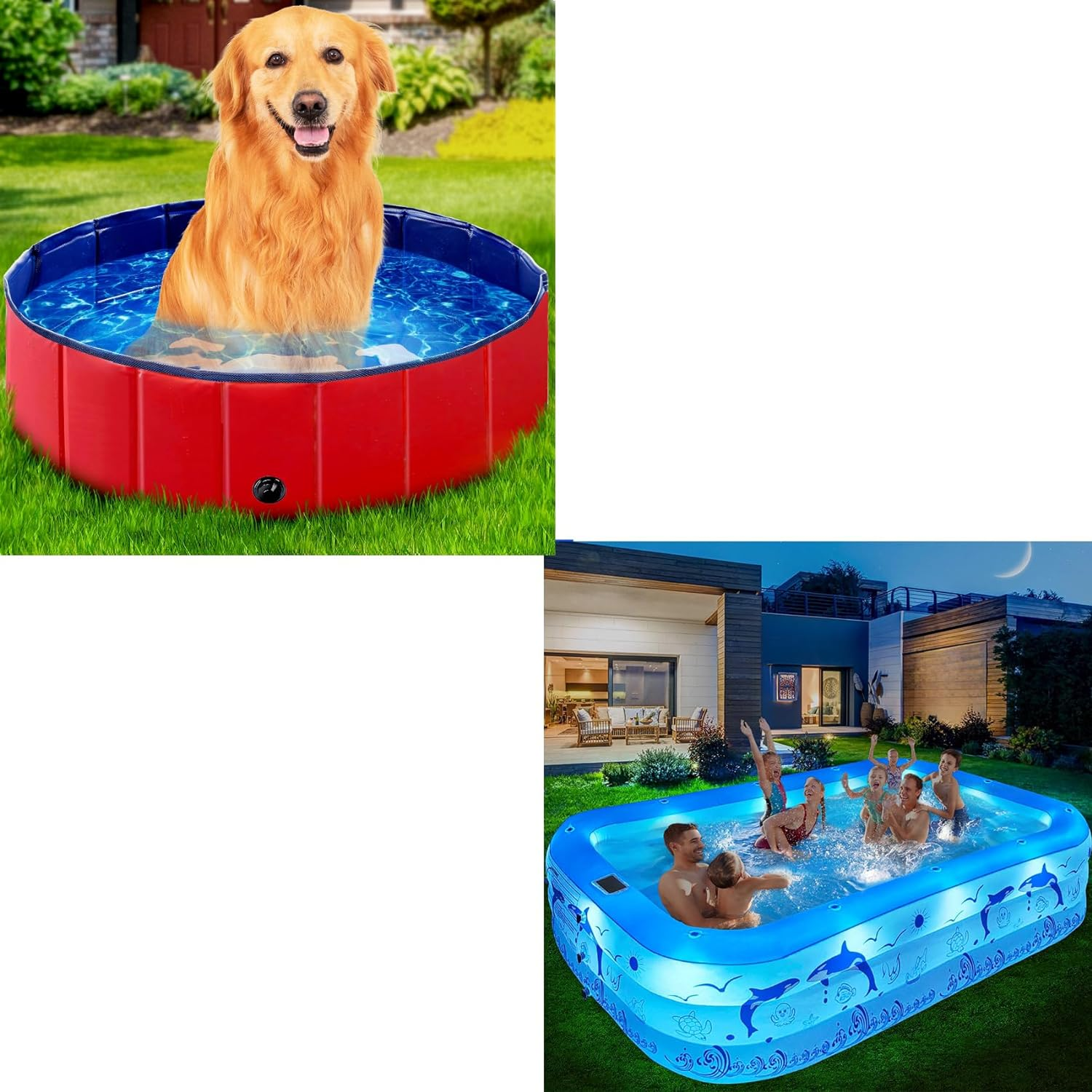Foldable Dog Pool Hard Plastic Kiddie Pool for Pets and Kids Inflatable with Ladder