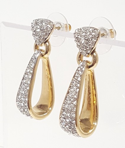 Swarovski Swan Signed Crystal Earrings GP Dangle Door Knocker Vtg Elongated Hoop - Picture 2 of 19
